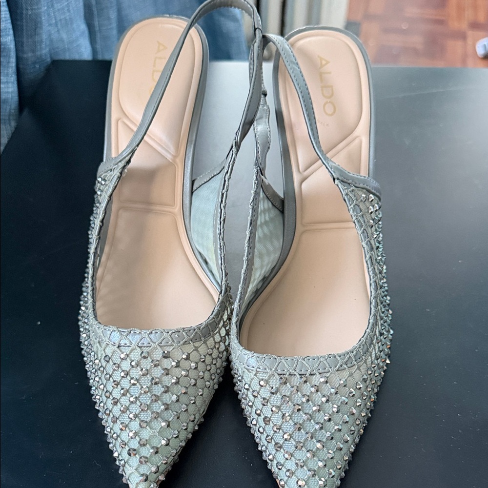ALDO Silver-Tone Embellished Slingback Pointed Flats
